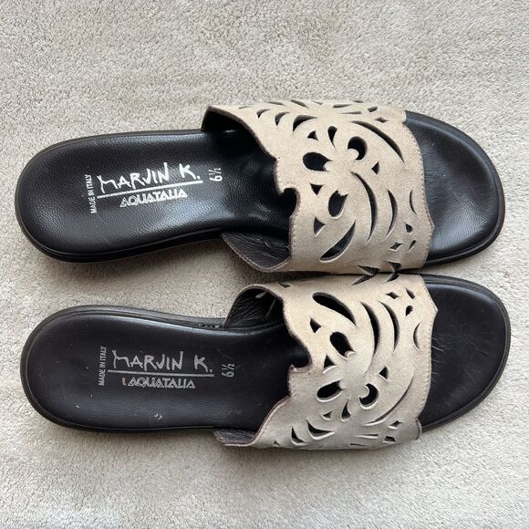 Aquatalia By Marvin K Taupe Nubuck Leather Slide Flat Sandal Women 6.5 Laser Cut - Picture 8 of 16